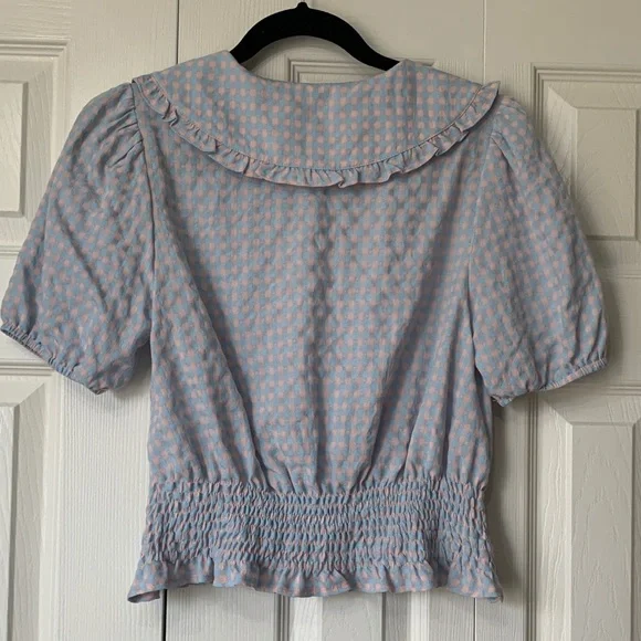 Greylin Blue and Pink Gingham Checkered Smocked Blouse Top Size S - Picture 4 of 14